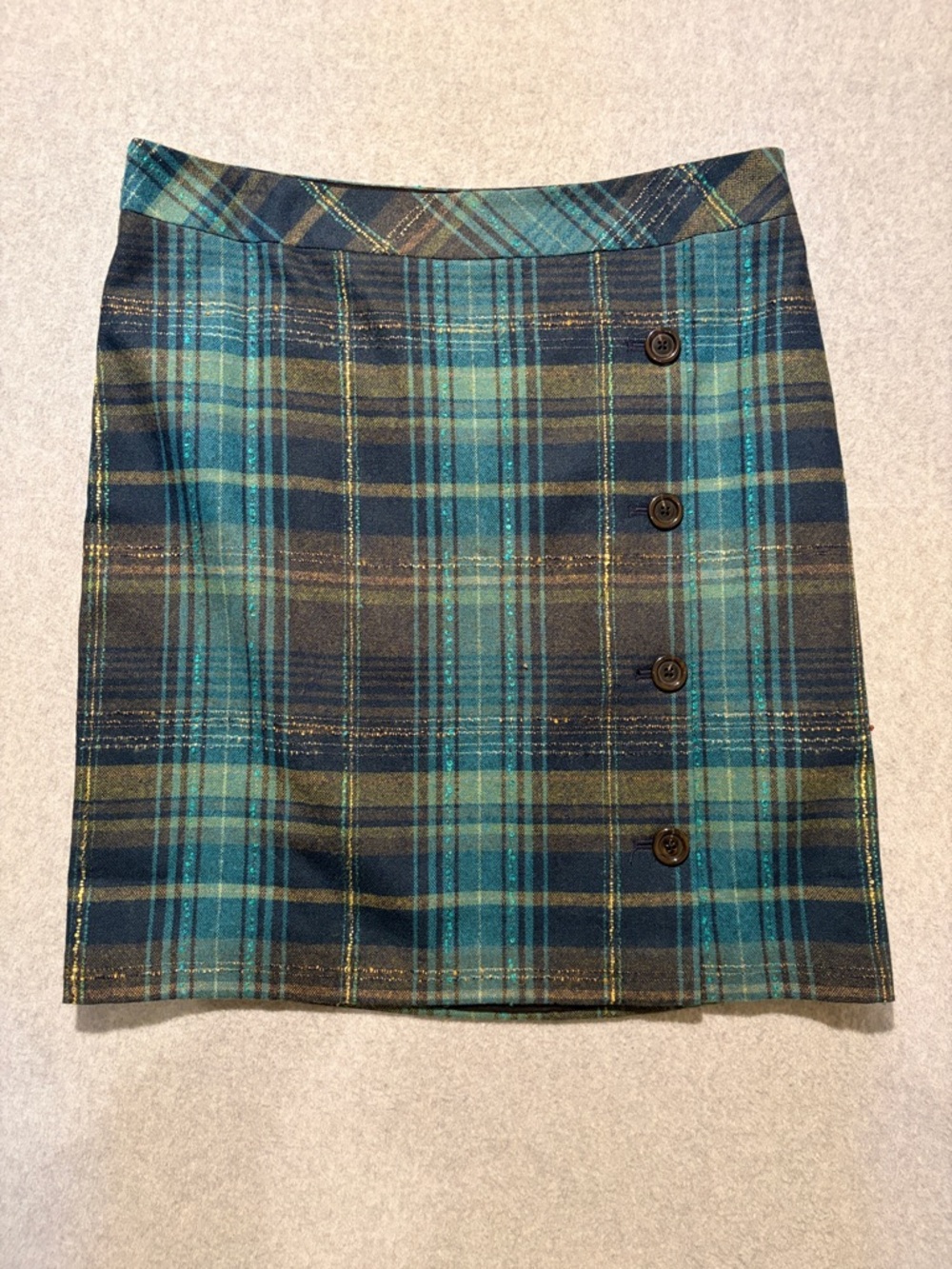 J. Jill Teal and Navy Plaid Side-Button Mini Skirt